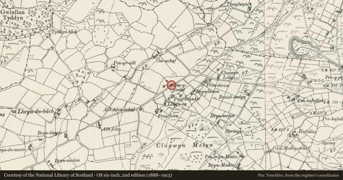 Ordnance Survey six-inch map, 2nd edition (1888–1913) covering the location of Tan-y-Ffordd, Llanllyfni, Gwynedd, with a pin at the register's coordinates