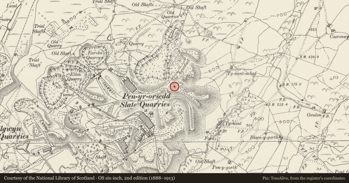 Ordnance Survey six-inch map, 2nd edition (1888–1913) covering the location of Locomotive Shed, Llanllyfni, Gwynedd, with a pin at the register's coordinates