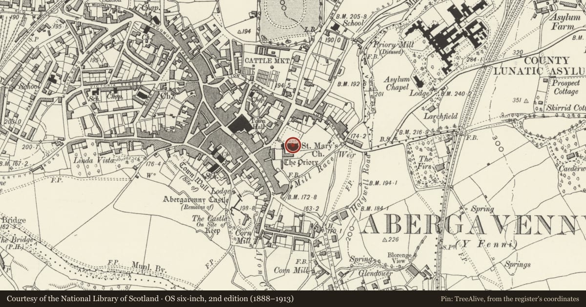 Ordnance Survey six-inch map, 2nd edition (1888–1913) covering the location of Church of St Mary, Abergavenny, Monmouthshire, with a pin at the register's coordinates