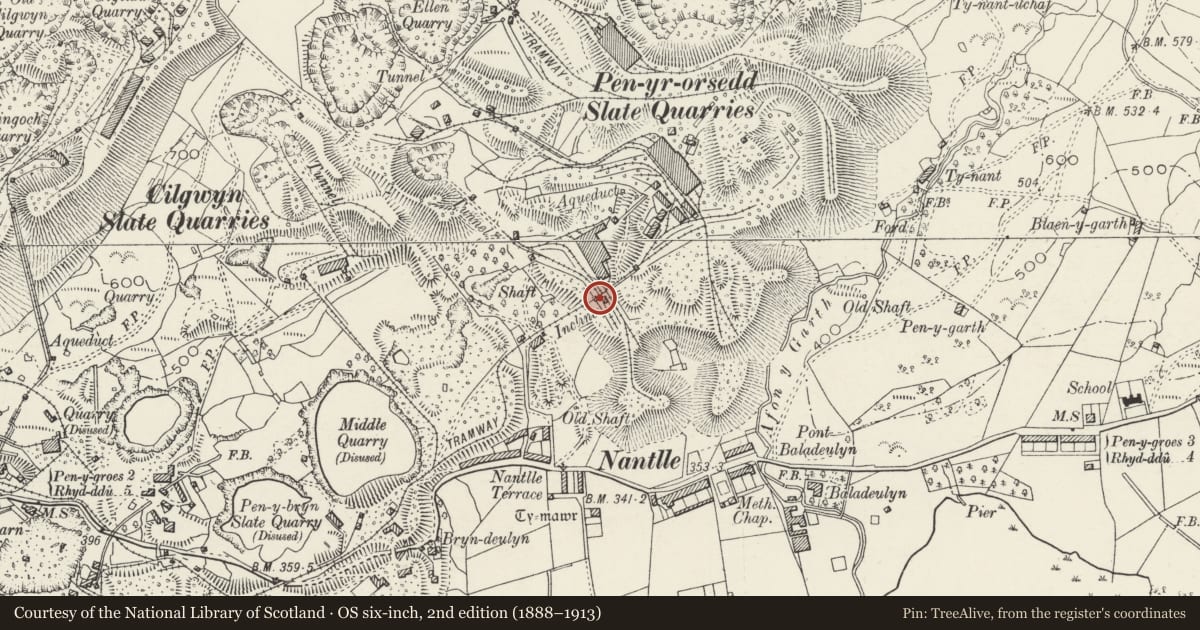 Ordnance Survey six-inch map, 2nd edition (1888–1913) covering the location of Winding Drumhouse, Llanllyfni, Gwynedd, with a pin at the register's coordinates