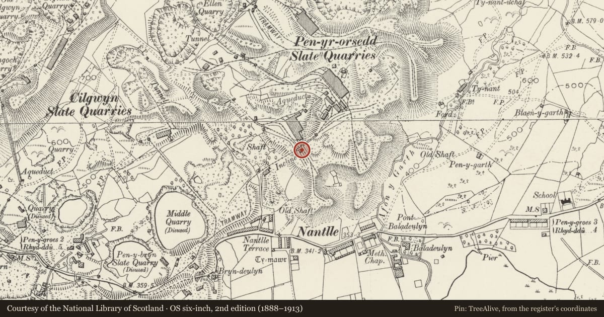 Ordnance Survey six-inch map, 2nd edition (1888–1913) covering the location of Locomotive Shed, Llanllyfni, Gwynedd, with a pin at the register's coordinates