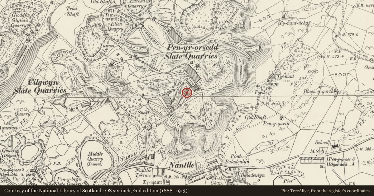 Ordnance Survey six-inch map, 2nd edition (1888–1913) covering the location of Barracks Building, Llanllyfni, Gwynedd, with a pin at the register's coordinates
