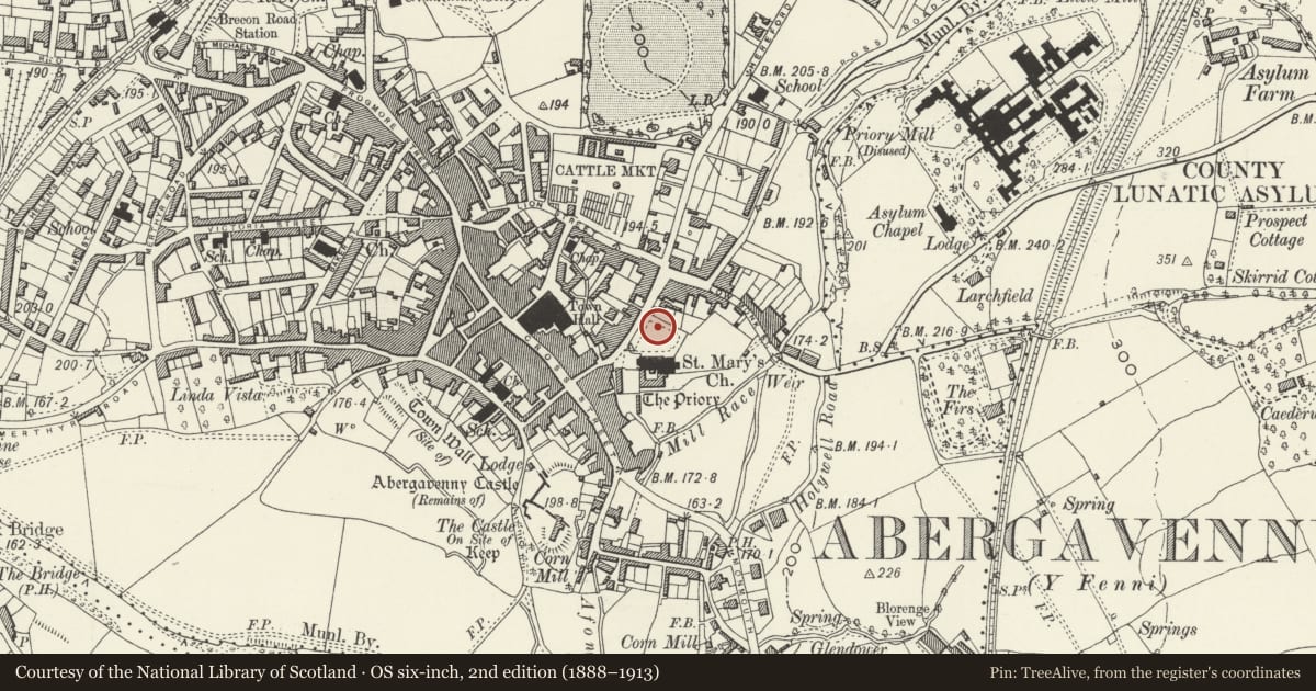 Ordnance Survey six-inch map, 2nd edition (1888–1913) covering the location of Crossbase in garden of Church of St Mary, Abergavenny, Monmouthshire, with a pin at the register's coordinates
