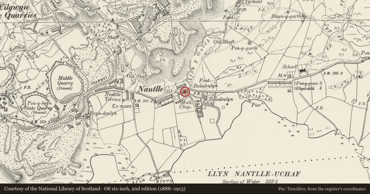 Ordnance Survey six-inch map, 2nd edition (1888–1913) covering the location of Tai Baladeulyn, Llanllyfni, Gwynedd, with a pin at the register's coordinates