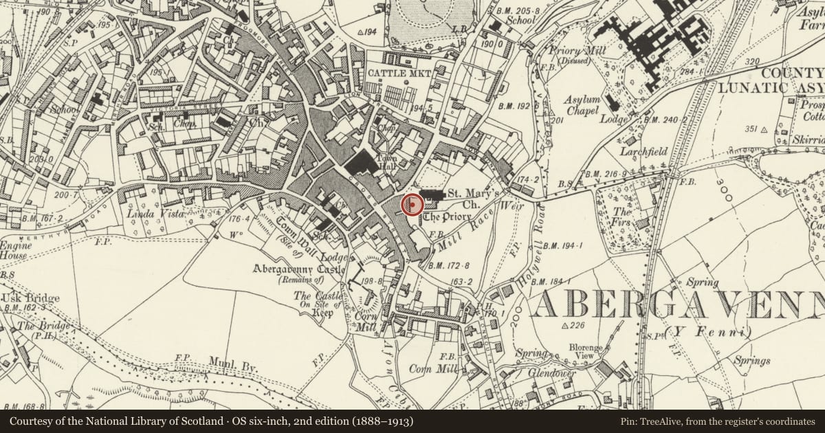 Ordnance Survey six-inch map, 2nd edition (1888–1913) covering the location of The Tithe Barn, Abergavenny, Monmouthshire, with a pin at the register's coordinates