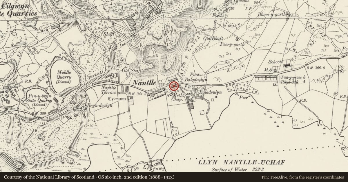 Ordnance Survey six-inch map, 2nd edition (1888–1913) covering the location of Tai Baladeulyn, Llanllyfni, Gwynedd, with a pin at the register's coordinates