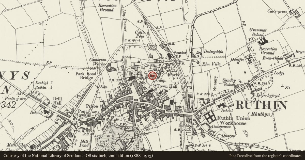 Ordnance Survey six-inch map, 2nd edition (1888–1913) covering the location of Bathafarn Wesleyan Methodist Chapel, Ruthin, Denbighshire, with a pin at the register's coordinates