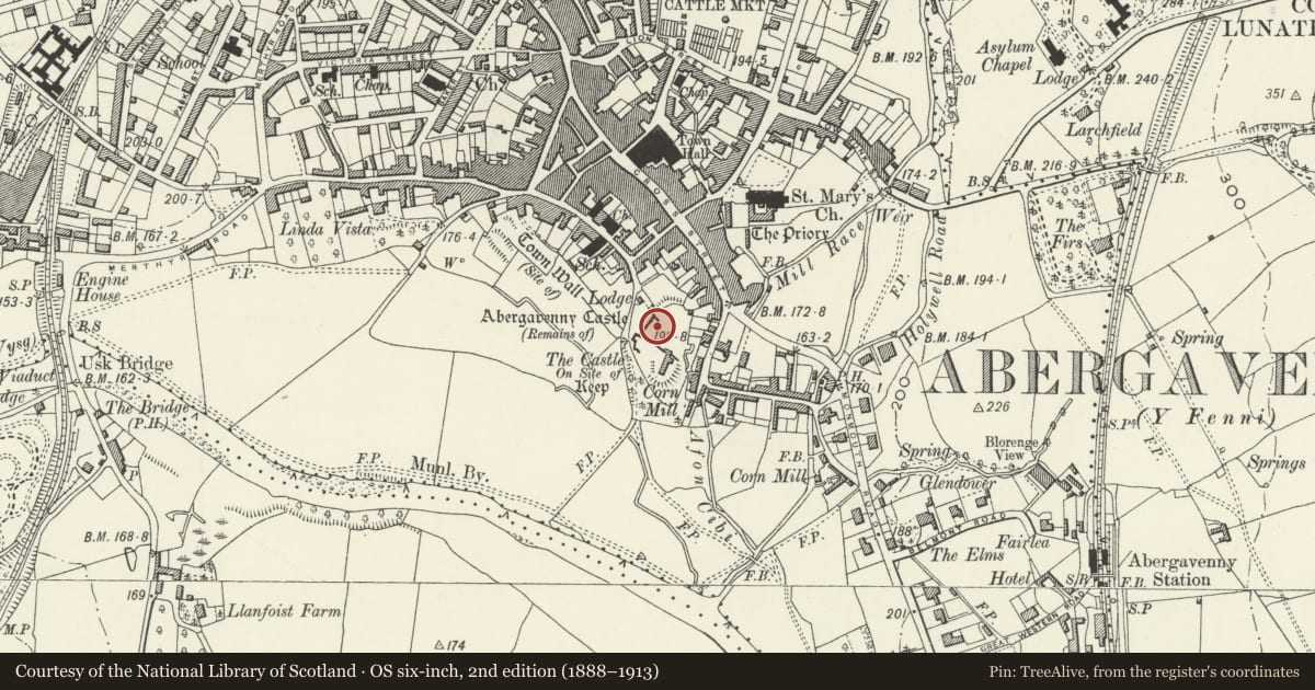 Ordnance Survey six-inch map, 2nd edition (1888–1913) covering the location of Abergavenny Castle (ruins), Monmouthshire, with a pin at the register's coordinates