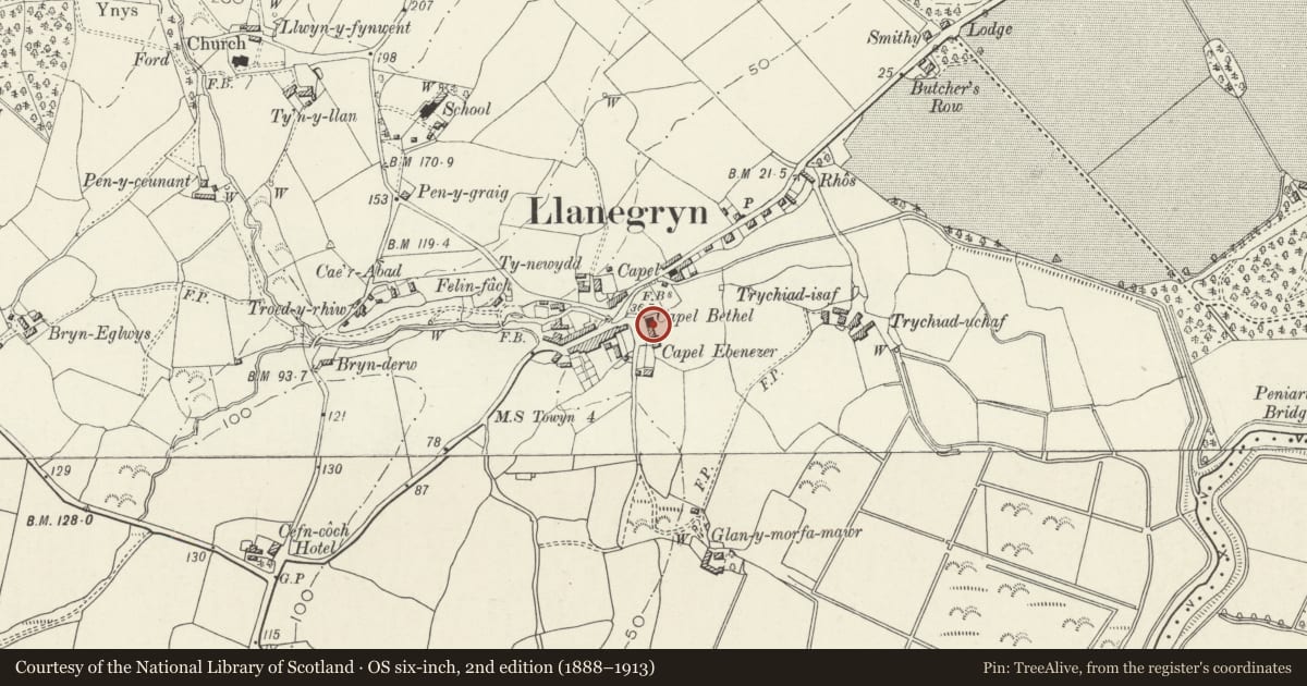 Ordnance Survey six-inch map, 2nd edition (1888–1913) covering the location of Capel Bethel, with vestry and front railed forecourt, Llanegryn, Gwynedd, with a pin at the register's coordinates