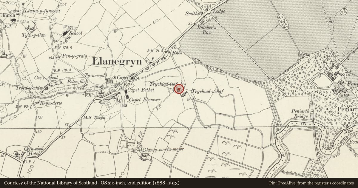 Ordnance Survey six-inch map, 2nd edition (1888–1913) covering the location of Farm buildings associated with Trychiad Isaf, Llanegryn, Gwynedd, with a pin at the register's coordinates