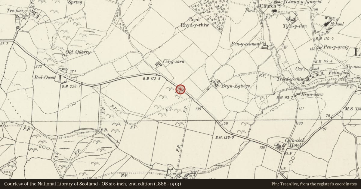 Ordnance Survey six-inch map, 2nd edition (1888–1913) covering the location of Mile Marker opposite Bryn Eglwys, Llanegryn, Gwynedd, with a pin at the register's coordinates