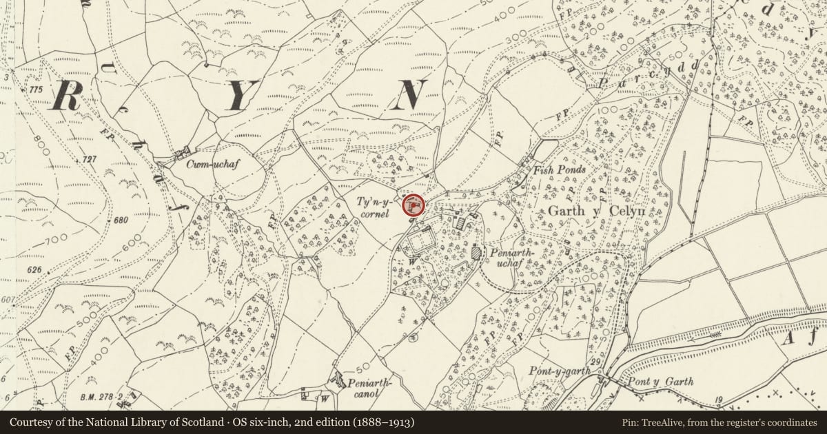 Ordnance Survey six-inch map, 2nd edition (1888–1913) covering the location of Farmyard buildings on the NW side of the farmyard at Ty'n y Cornel, Llanegryn, Gwynedd, with a pin at the register's coordinates