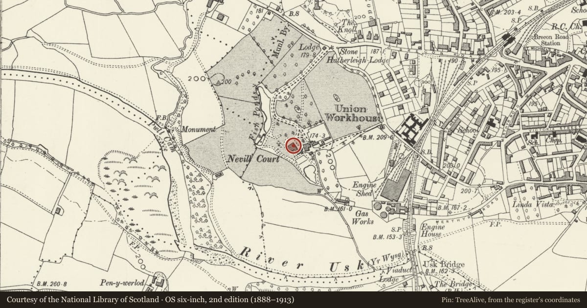 Ordnance Survey six-inch map, 2nd edition (1888–1913) covering the location of Old Nevill Hall (Conference Centre), Abergavenny, Monmouthshire, with a pin at the register's coordinates