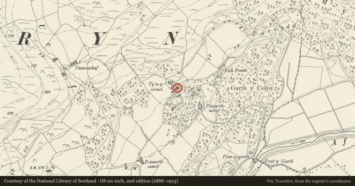 Ordnance Survey six-inch map, 2nd edition (1888–1913) covering the location of Carthouse range at Ty'n y Cornel, Llanegryn, Gwynedd, with a pin at the register's coordinates