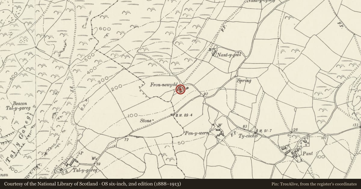 Ordnance Survey six-inch map, 2nd edition (1888–1913) covering the location of Farm building on W side of the farmyard at Fron Newydd, Llanegryn, Gwynedd, with a pin at the register's coordinates