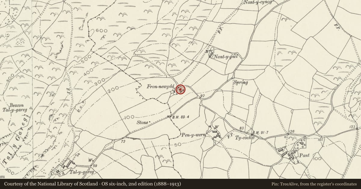 Ordnance Survey six-inch map, 2nd edition (1888–1913) covering the location of Farm building on the E side of the farmyard at Fron Newydd, with the wall enclosing the yard, Llanegryn, Gwynedd, with a pin at the register's coordinates