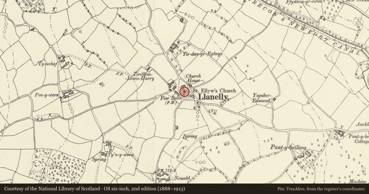Ordnance Survey six-inch map, 2nd edition (1888–1913) covering the location of Pair of Memorials to Williams and Jenkins Families W of Churchyard at Llanelly Church, Monmouthshire, with a pin at the register's coordinates