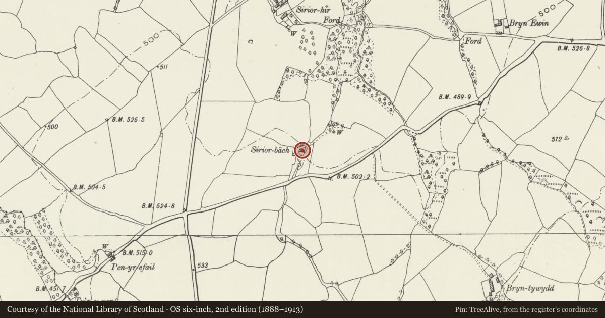Ordnance Survey six-inch map, 2nd edition (1888–1913) covering the location of Sirior Bach, Llanfair Talhaiarn, Conwy, with a pin at the register's coordinates