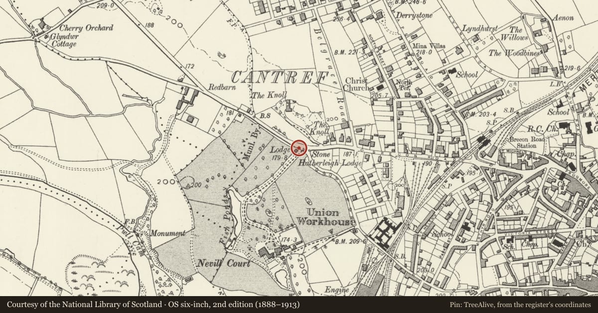 Ordnance Survey six-inch map, 2nd edition (1888–1913) covering the location of Nevill Hall Lodge, Abergavenny, Monmouthshire, with a pin at the register's coordinates