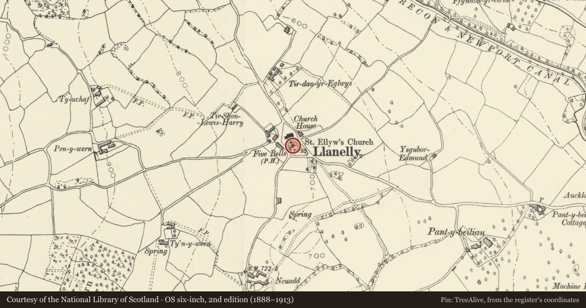 Ordnance Survey six-inch map, 2nd edition (1888–1913) covering the location of Group of Six Memorials in centre of old Churchyard at Llanelly Church, Monmouthshire, with a pin at the register's coordinates