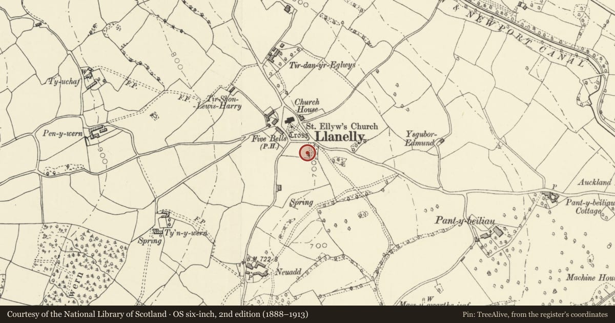 Ordnance Survey six-inch map, 2nd edition (1888–1913) covering the location of Memorial to Alfred and Jessy Crawshay in S Cemetery of Llanelly Parish Church, Monmouthshire, with a pin at the register's coordinates