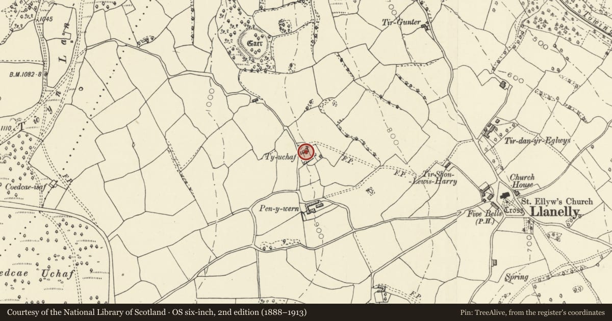 Ordnance Survey six-inch map, 2nd edition (1888–1913) covering the location of Ty-uchaf Farmhouse including yard wall and stile between house and barn range, Llanelly, Monmouthshire, with a pin at the register's coordinates
