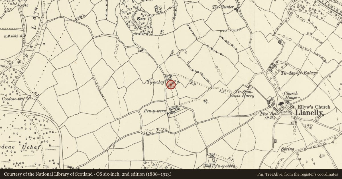 Ordnance Survey six-inch map, 2nd edition (1888–1913) covering the location of Barn and Cowhouse Range at Ty-uchaf, Llanelly, Monmouthshire, with a pin at the register's coordinates
