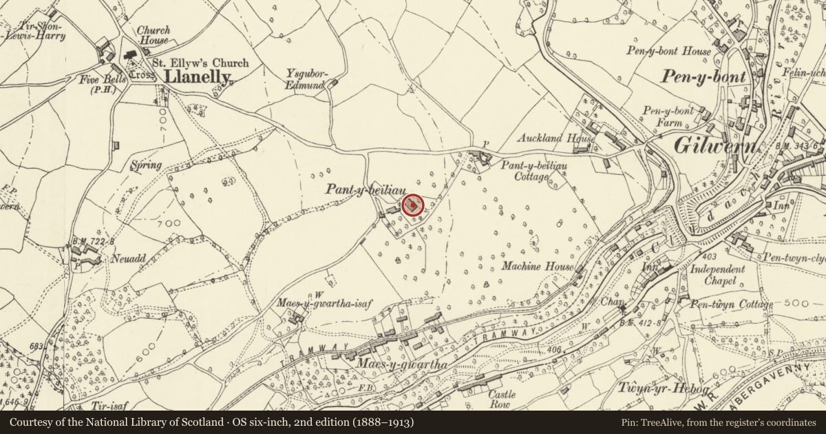Ordnance Survey six-inch map, 2nd edition (1888–1913) covering the location of Pantybeiliau, Llanelly, Monmouthshire, with a pin at the register's coordinates