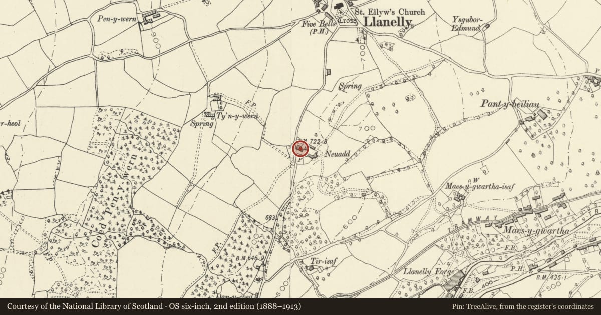 Ordnance Survey six-inch map, 2nd edition (1888–1913) covering the location of Neuadd Farmhouse, Llanelly, Monmouthshire, with a pin at the register's coordinates