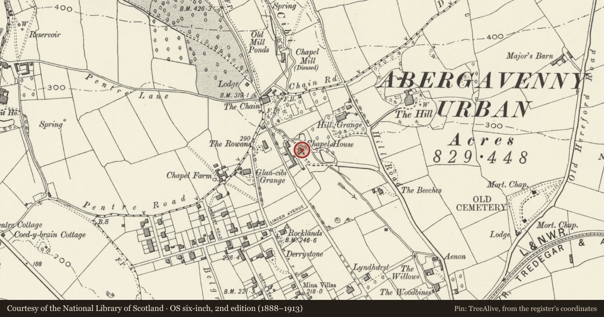 Ordnance Survey six-inch map, 2nd edition (1888–1913) covering the location of The Chapel, Abergavenny, Monmouthshire, with a pin at the register's coordinates