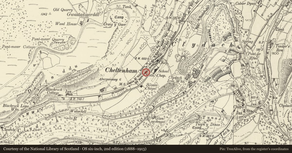 Ordnance Survey six-inch map, 2nd edition (1888–1913) covering the location of Clydach Wesleyan Chapel including Sunday School and railed forecourt, Llanelly, Monmouthshire, with a pin at the register's coordinates