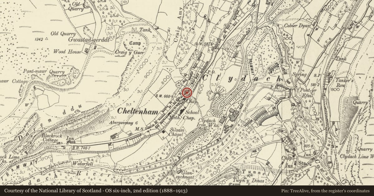 Ordnance Survey six-inch map, 2nd edition (1888–1913) covering the location of Oak House, Llanelly, Monmouthshire, with a pin at the register's coordinates