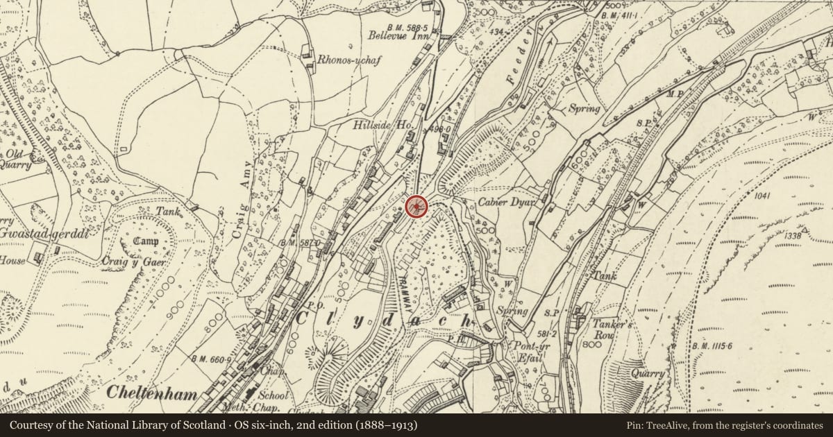 Ordnance Survey six-inch map, 2nd edition (1888–1913) covering the location of Pantglas Bridge, Llanelly, Monmouthshire, with a pin at the register's coordinates