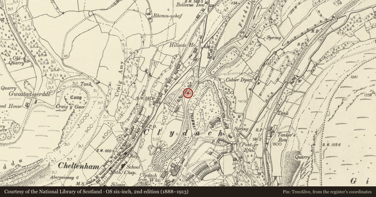 Ordnance Survey six-inch map, 2nd edition (1888–1913) covering the location of Smart’s Bridge, Llanelly, Monmouthshire, with a pin at the register's coordinates