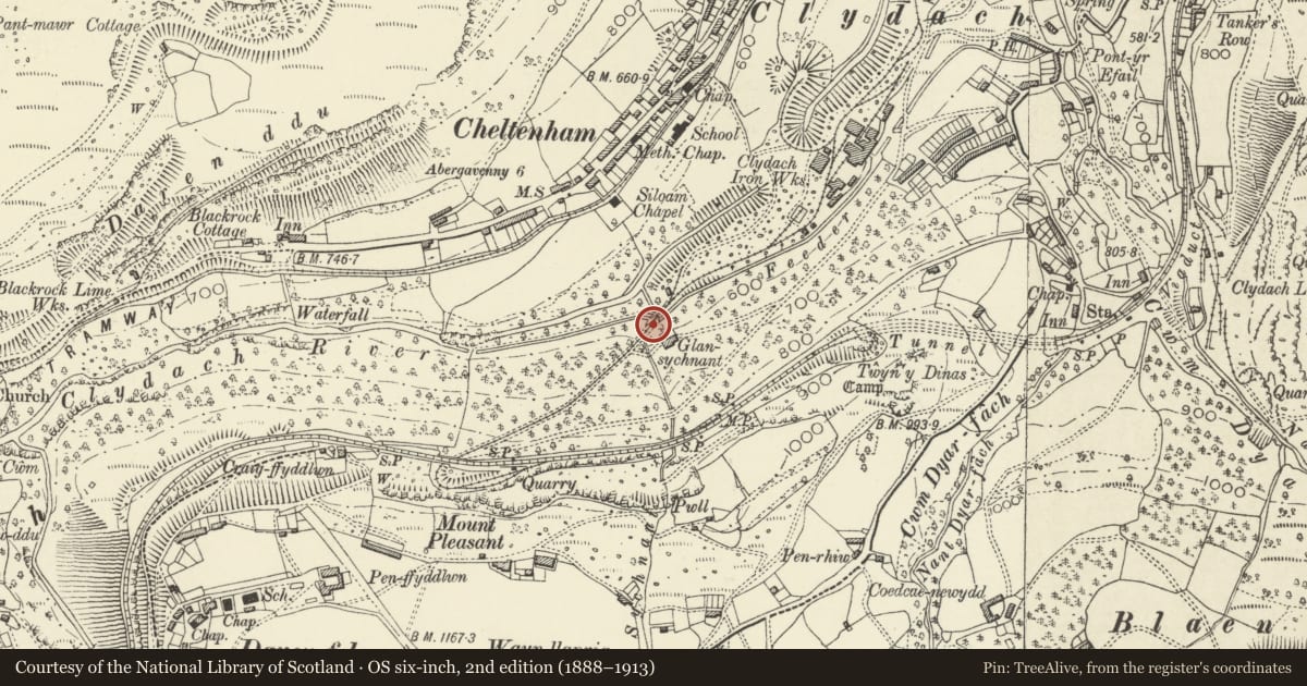 Ordnance Survey six-inch map, 2nd edition (1888–1913) covering the location of Tramroad Bridge over Sychnant River, Llanelly, Monmouthshire, with a pin at the register's coordinates