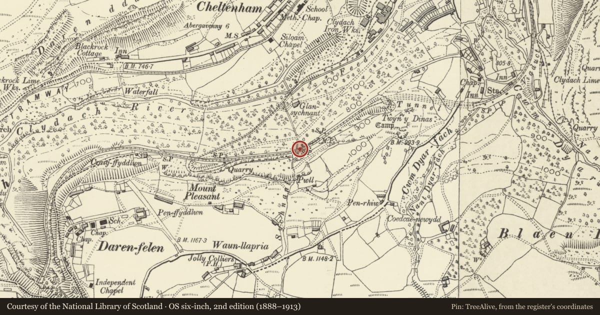 Ordnance Survey six-inch map, 2nd edition (1888–1913) covering the location of Three Arch Viaduct of former Merthyr, Tredegar and Abergavenny Railway, Llanelly, Monmouthshire, with a pin at the register's coordinates