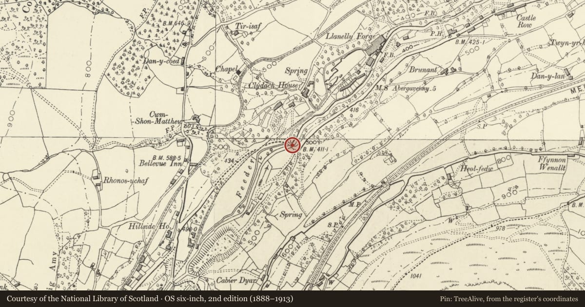 Ordnance Survey six-inch map, 2nd edition (1888–1913) covering the location of Tramroad Bridge near junction of A465 and Station Road, Llanelly, Monmouthshire, with a pin at the register's coordinates