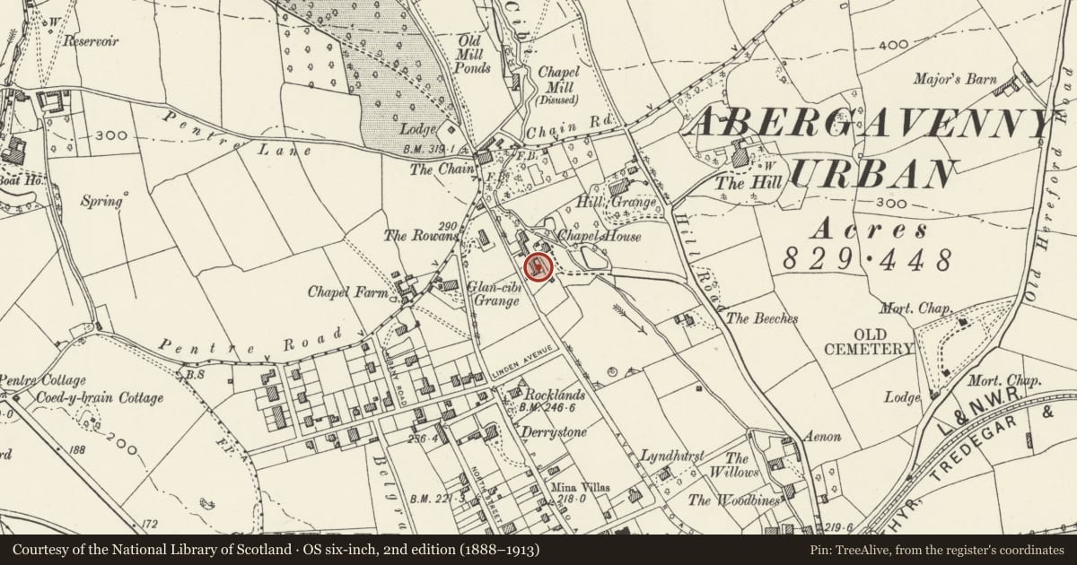 Ordnance Survey six-inch map, 2nd edition (1888–1913) covering the location of The Tythe Barn, Abergavenny, Monmouthshire, with a pin at the register's coordinates