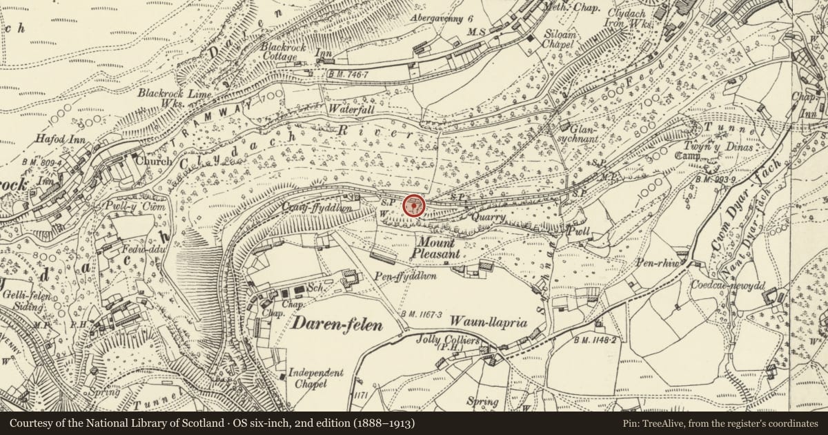 Ordnance Survey six-inch map, 2nd edition (1888–1913) covering the location of Limekilns at Llanelly Limeworks, Monmouthshire, with a pin at the register's coordinates