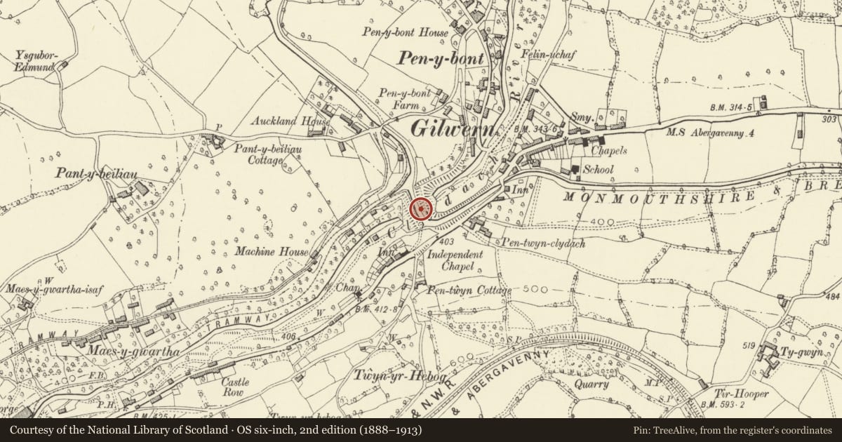 Ordnance Survey six-inch map, 2nd edition (1888–1913) covering the location of Embankment & Aqueduct of Brecknock & Abergavenny Canal inc. N Revetment Walls and SW Overflow Bridge, Llanelly, Monmouthshire, with a pin at the register's coordinates