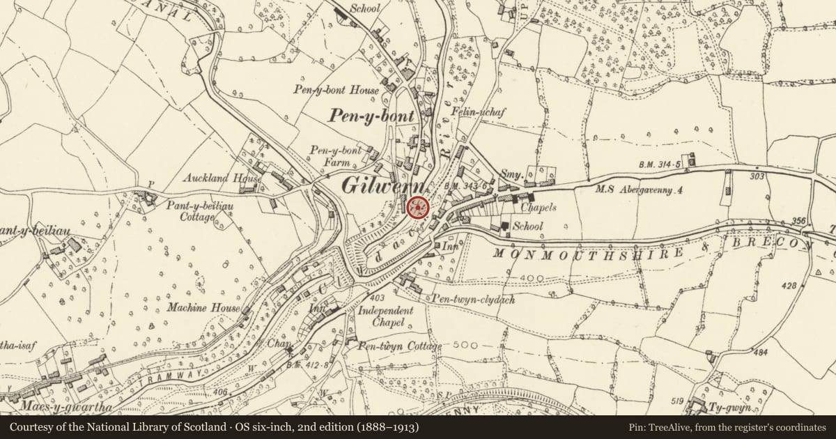 Ordnance Survey six-inch map, 2nd edition (1888–1913) covering the location of Bridge at Dan-y-bont Mill, Llanelly, Monmouthshire, with a pin at the register's coordinates