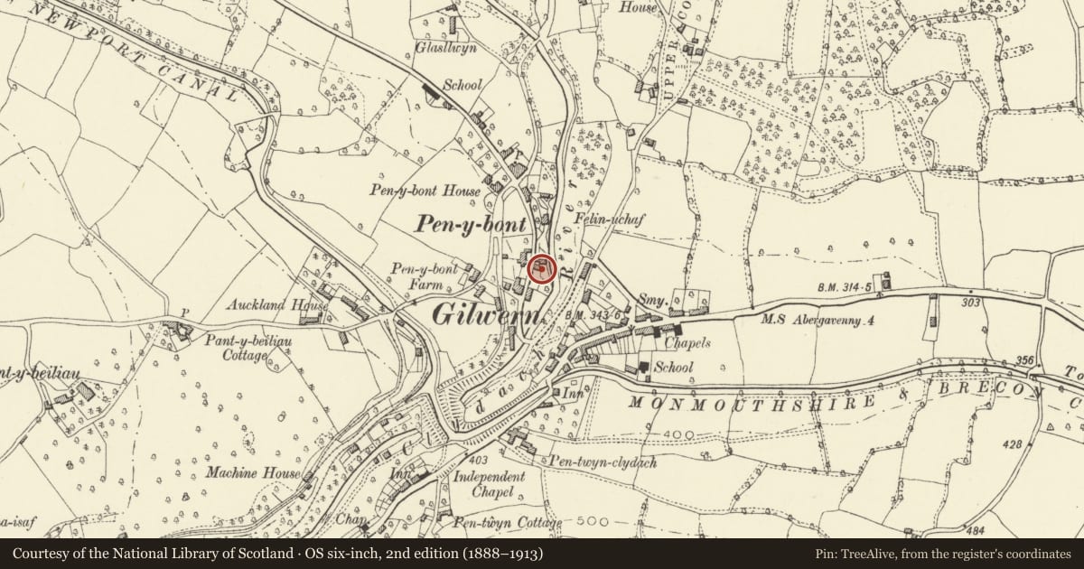 Ordnance Survey six-inch map, 2nd edition (1888–1913) covering the location of Rock Cottage, Llanelly, Monmouthshire, with a pin at the register's coordinates