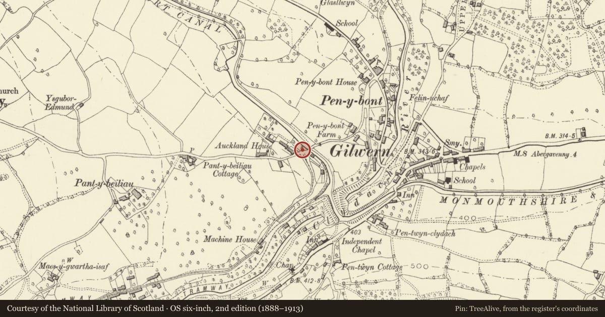 Ordnance Survey six-inch map, 2nd edition (1888–1913) covering the location of Former Weighbridge House at Auckland House, Llanelly, Monmouthshire, with a pin at the register's coordinates