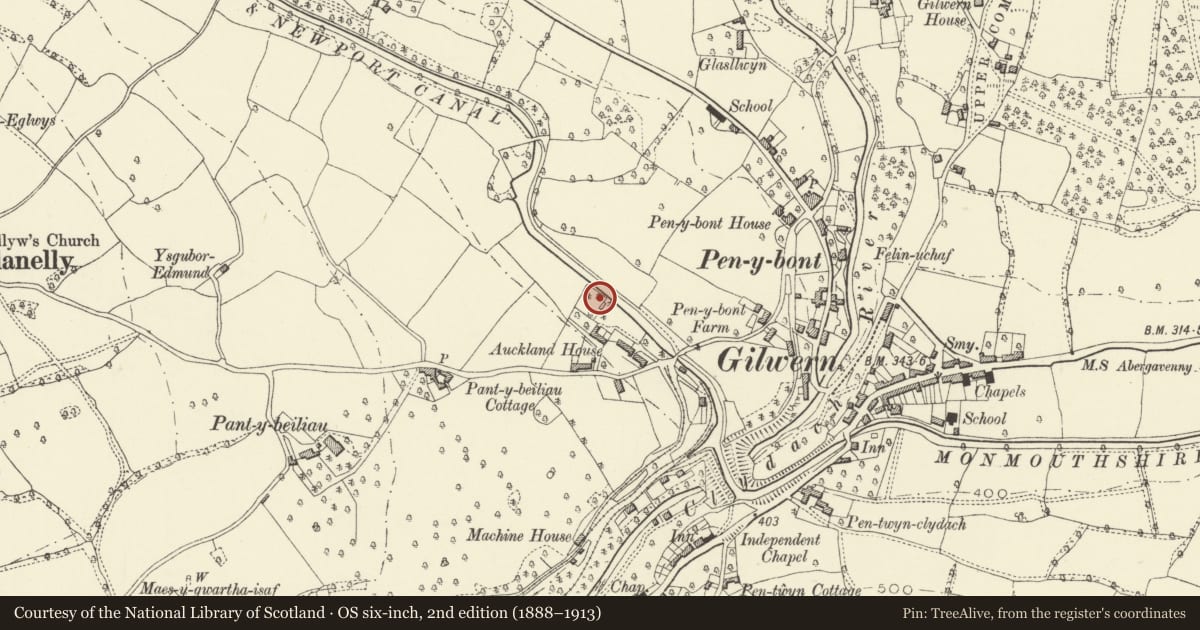 Ordnance Survey six-inch map, 2nd edition (1888–1913) covering the location of Limekilns at Auckland House, Llanelly, Monmouthshire, with a pin at the register's coordinates