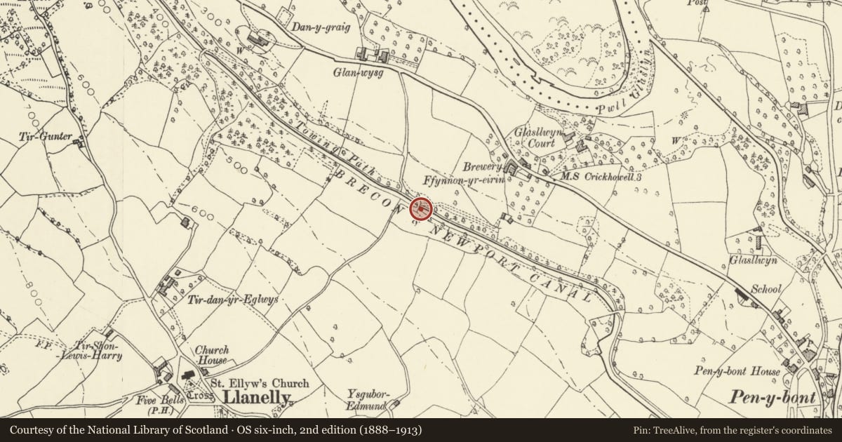 Ordnance Survey six-inch map, 2nd edition (1888–1913) covering the location of Bridge 106 over the Brecknock & Abergavenny Canal including Iron Sign, Llanelly, Monmouthshire, with a pin at the register's coordinates
