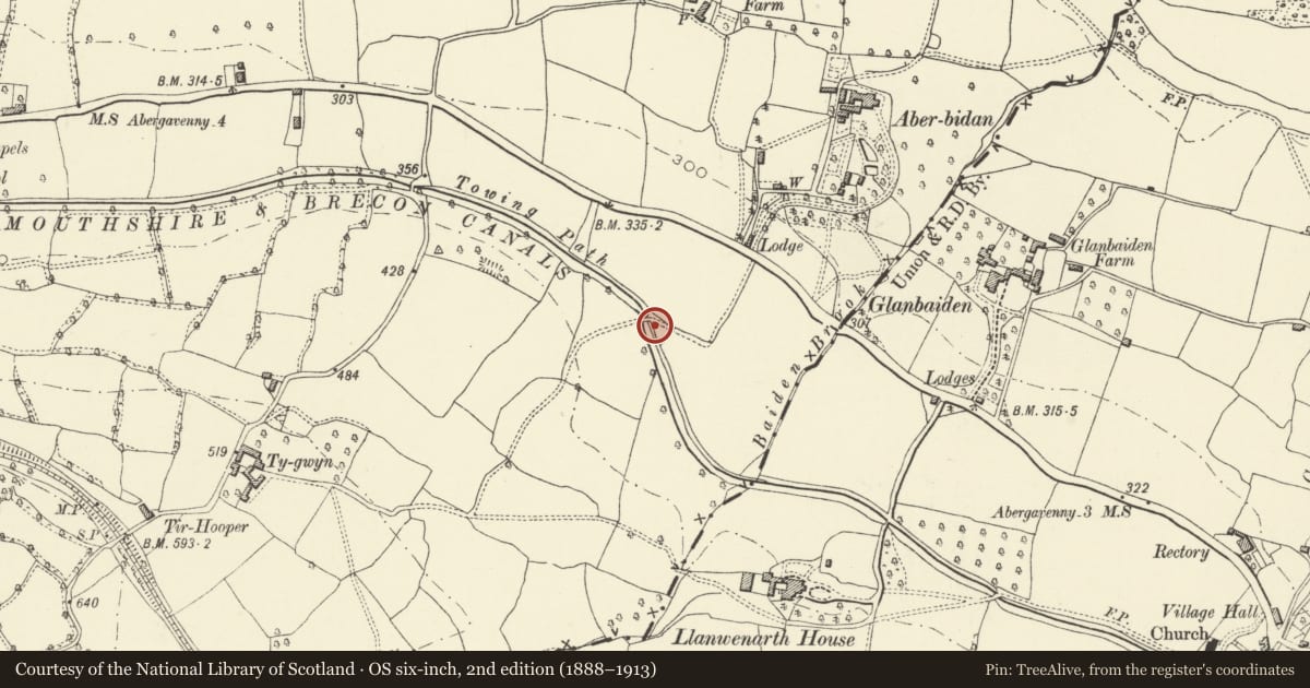 Ordnance Survey six-inch map, 2nd edition (1888–1913) covering the location of Bridge 101 over the Brecknock & Abergavenny Canal, Llanelly, Monmouthshire, with a pin at the register's coordinates