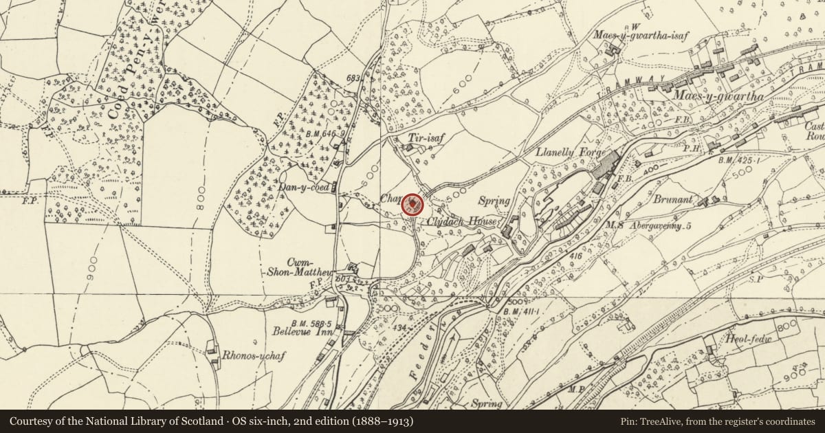 Ordnance Survey six-inch map, 2nd edition (1888–1913) covering the location of Bethlehem Baptist Chapel including Vestry and Front Boundary Walls, Llanelly, Monmouthshire, with a pin at the register's coordinates