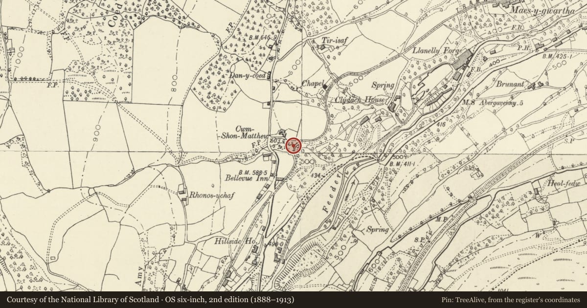 Ordnance Survey six-inch map, 2nd edition (1888–1913) covering the location of Railroad Bridge at Maesygwartha, Llanelly, Monmouthshire, with a pin at the register's coordinates
