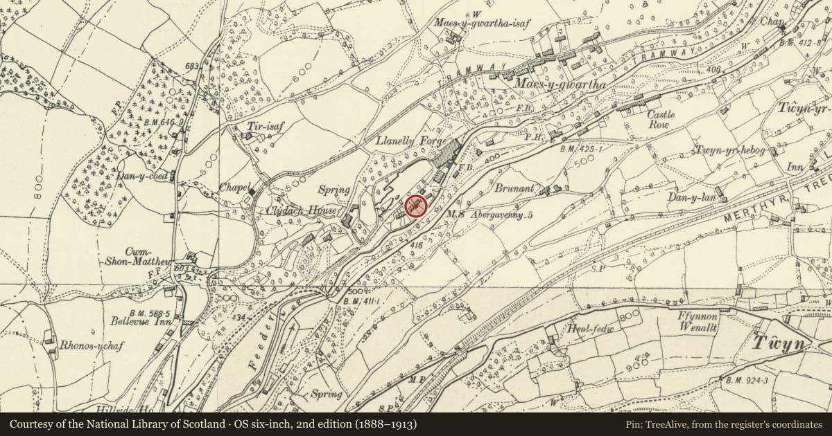 Ordnance Survey six-inch map, 2nd edition (1888–1913) covering the location of 6 Forge Row, Llanelly, Monmouthshire, with a pin at the register's coordinates