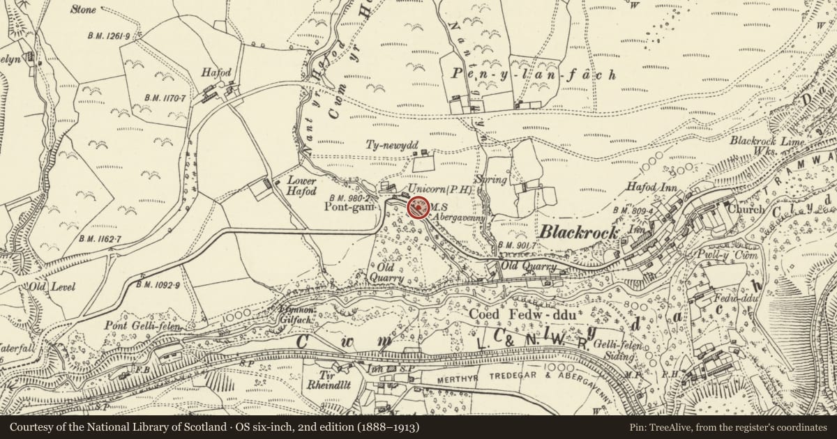 Ordnance Survey six-inch map, 2nd edition (1888–1913) covering the location of Milestone at Pont-gam, Llanelly, Monmouthshire, with a pin at the register's coordinates